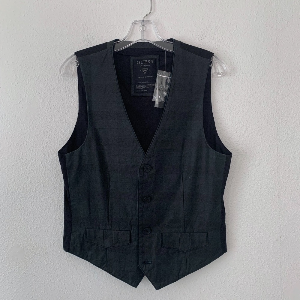 Guess coated green & blue belted check plaid vest